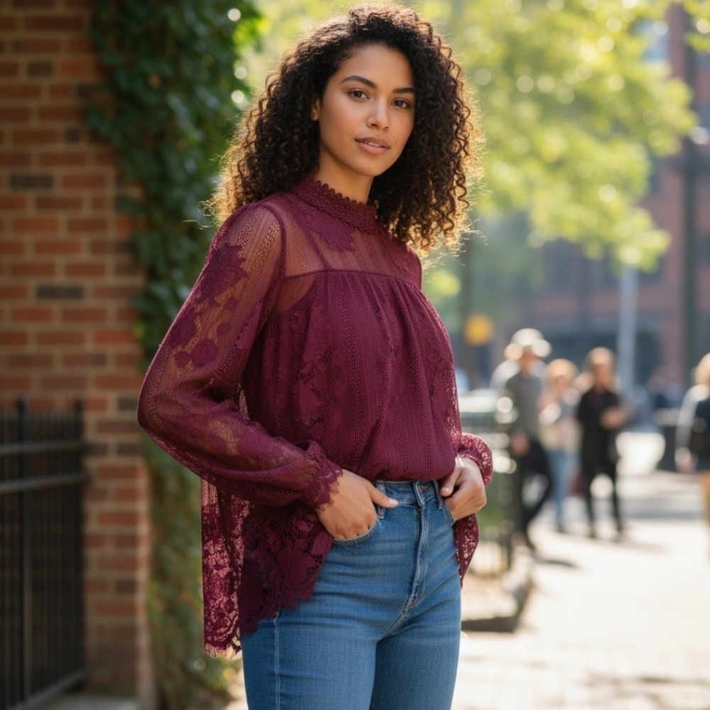 Ultra Pink Burgundy Lace Overlay Blouse Romantic Sheer Lace Top Sz L